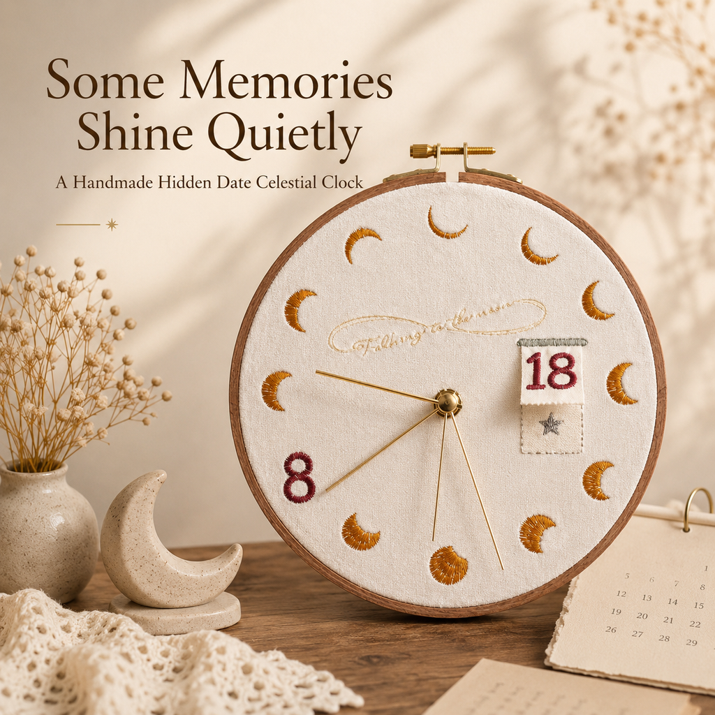 Celestial Hidden Date Embroidery Clock, product overview