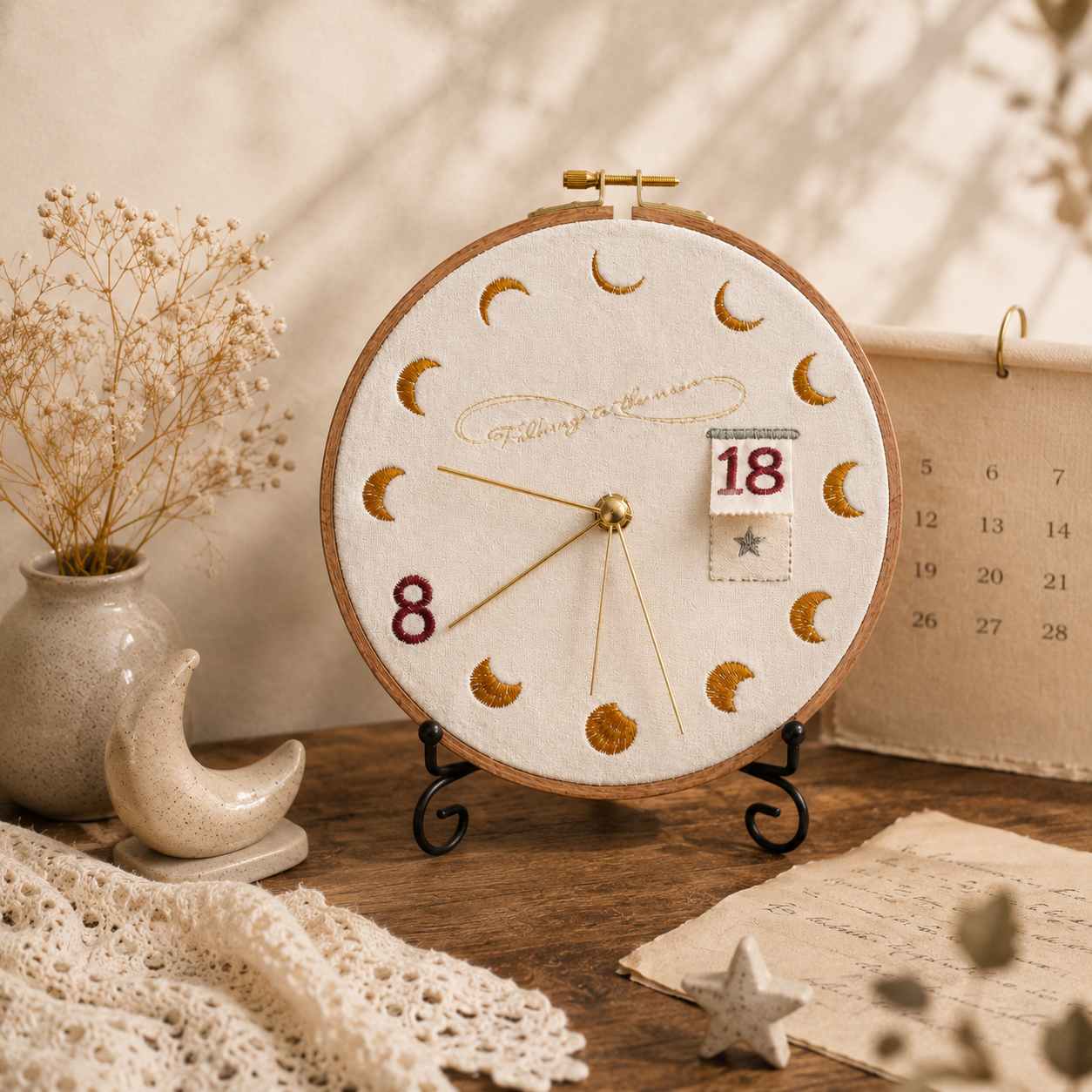 Celestial Hidden Date Embroidery Clock, size and feature guide