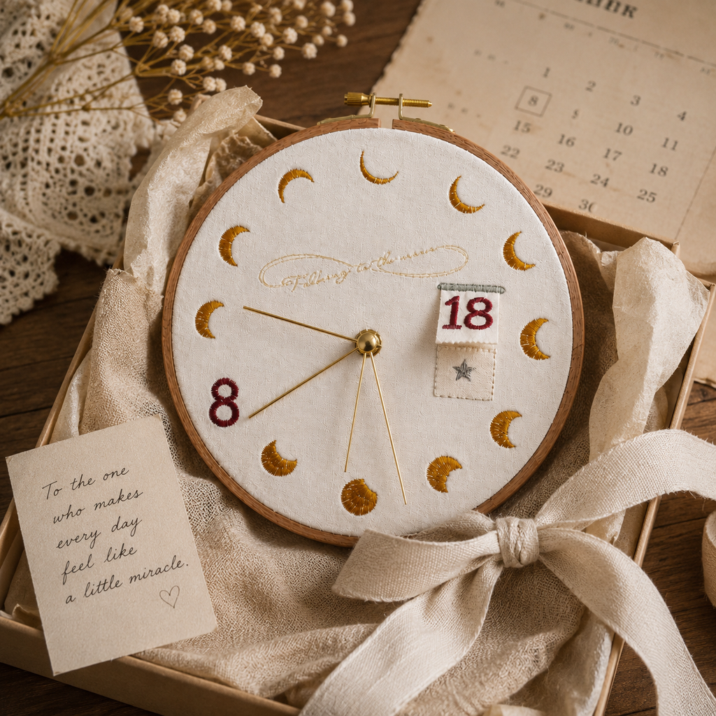 Celestial Hidden Date Embroidery Clock, lifestyle view