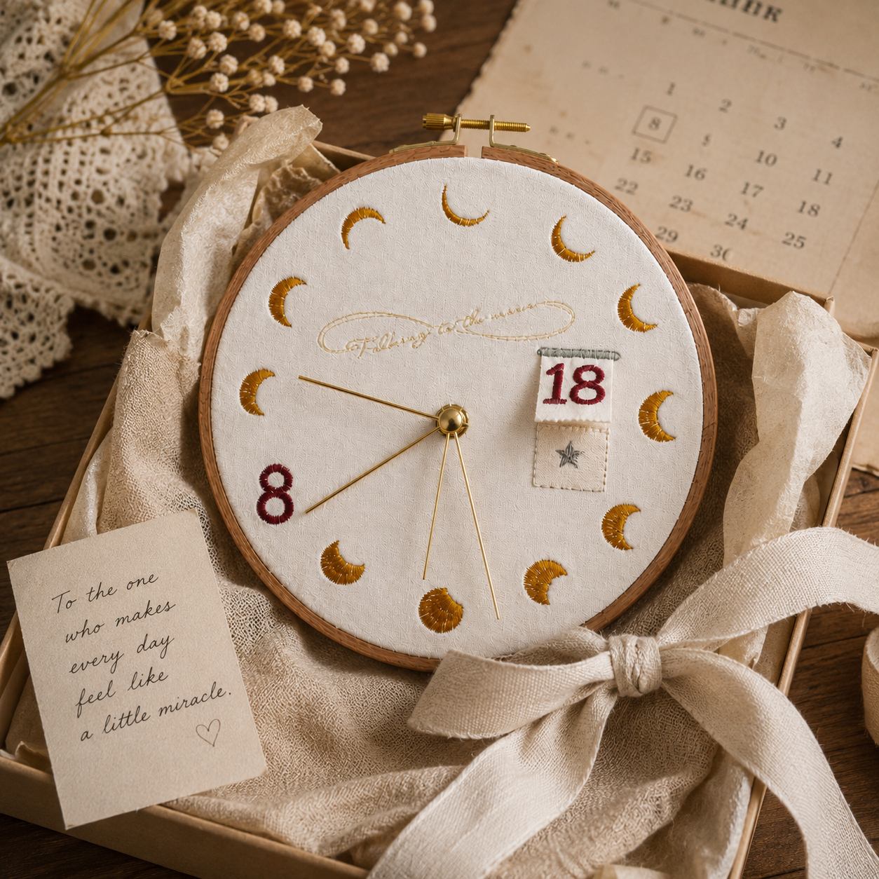 Celestial Hidden Date Embroidery Clock, lifestyle view