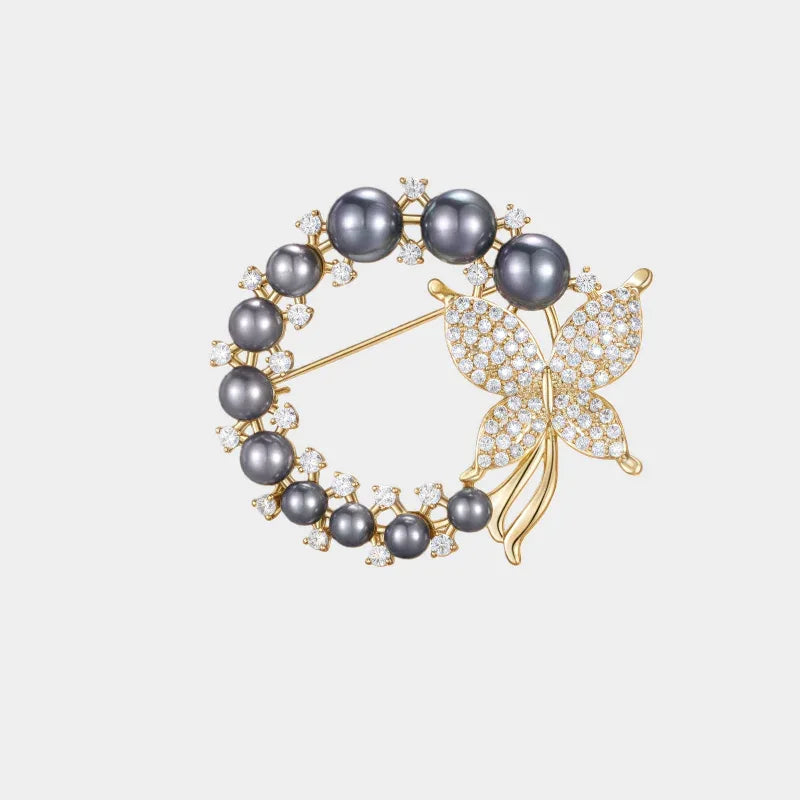 Dark Pearl Butterfly Wreath Brooch — front view of dark-pearl butterfly wreath brooch