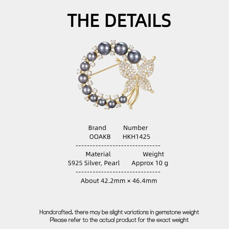 Dark Pearl Butterfly Wreath Brooch — specification card with material and size details