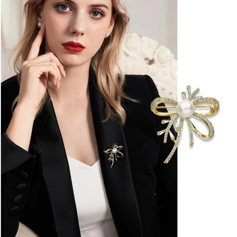Shell Pearl Bow Brooch — model portrait with an enlarged product inset