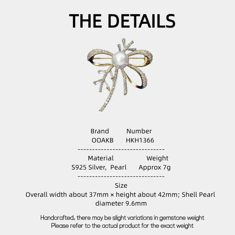 Shell Pearl Bow Brooch — specification card with material and size details