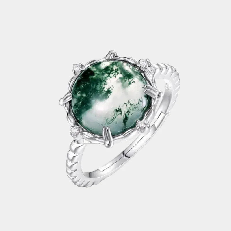 Charming Moss Agate Open Ring — front product view on a light background