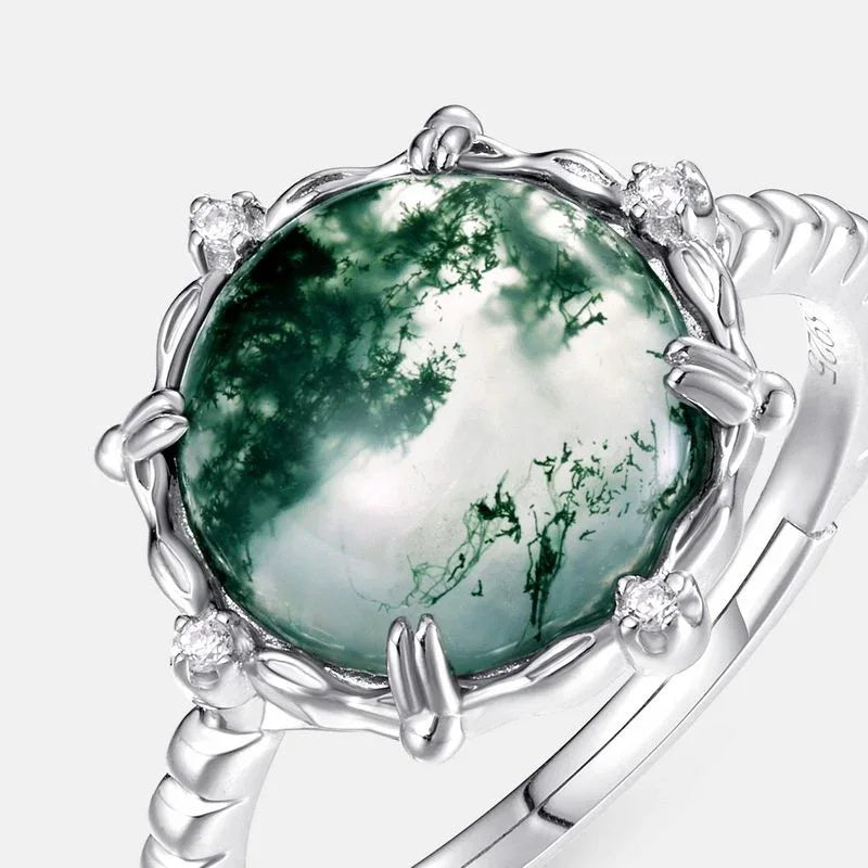Charming Moss Agate Open Ring — front setting detail 3