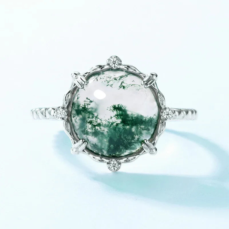 Charming Moss Agate Open Ring — hand-worn scale view 2