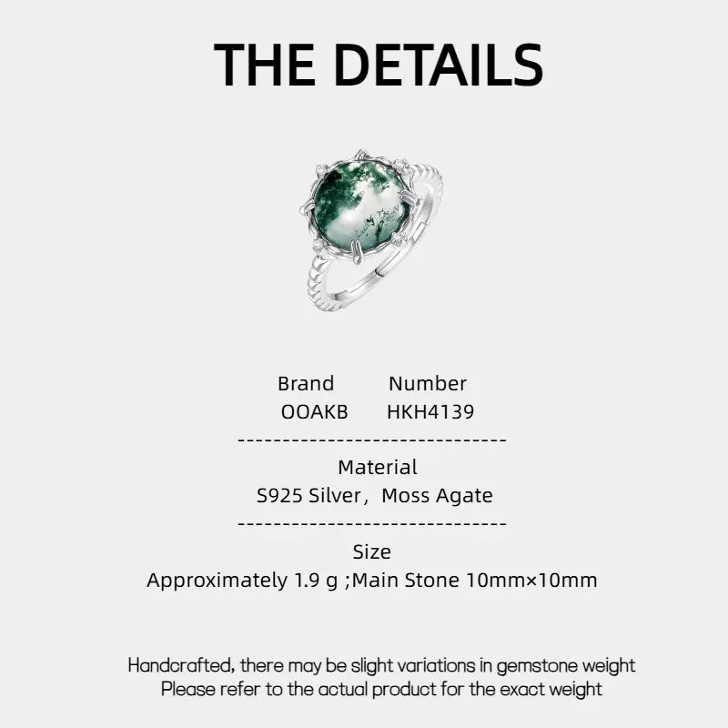 Charming Moss Agate Open Ring — Moss Agate specification card with material and measurements