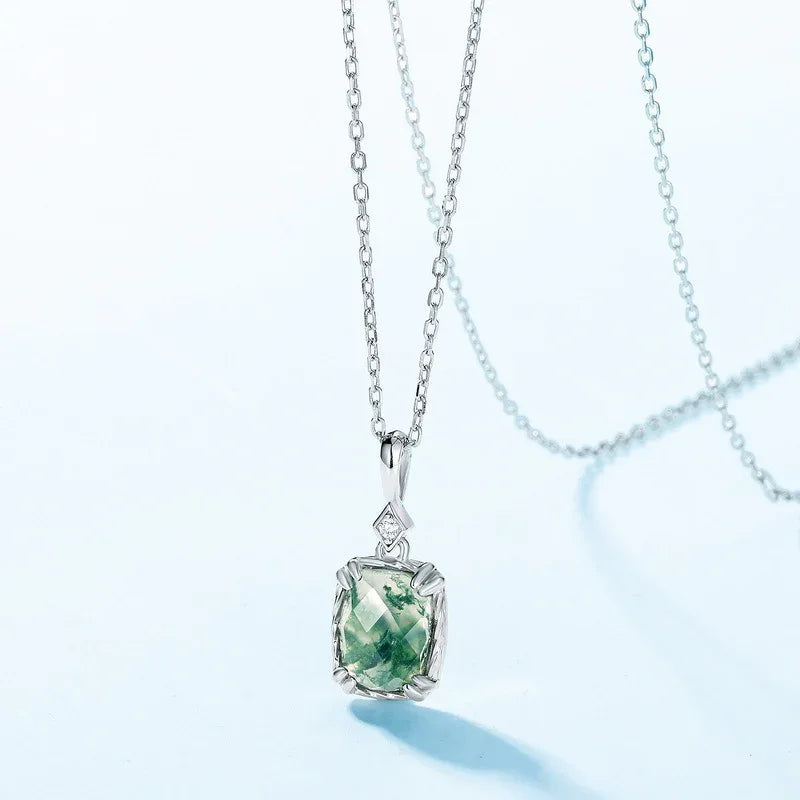 Checkered Surface Moss Agate Pendant — angled pendant and chain detail 4