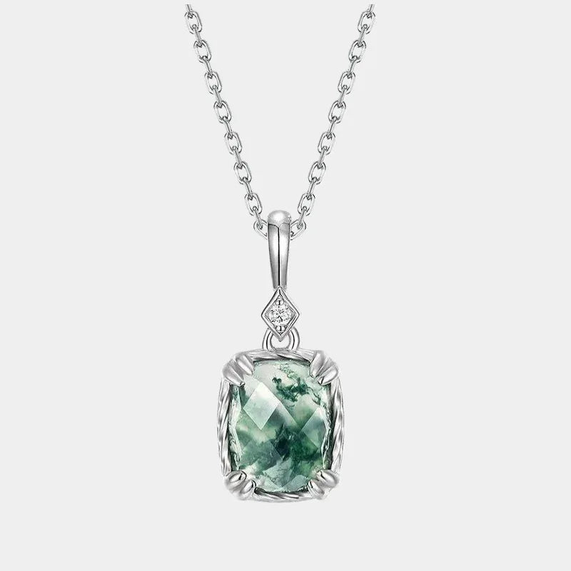 Checkered Surface Moss Agate Pendant — full necklace view on a light background