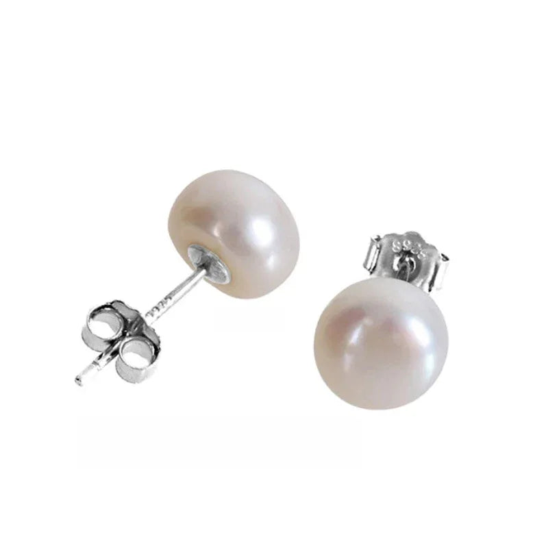 Round Pearl Stud Earrings — alternate angled pair on white showing the posts