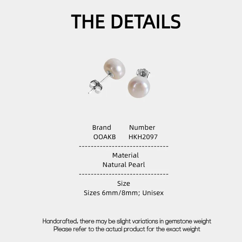 Round Pearl Stud Earrings — specification card with material and size details