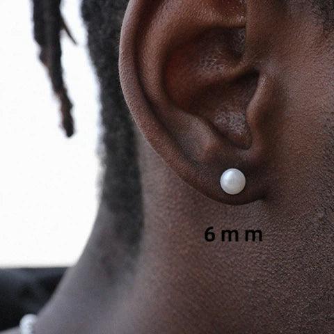 Round Pearl Stud Earrings — second right-ear worn close-up with a visible 6mm size label