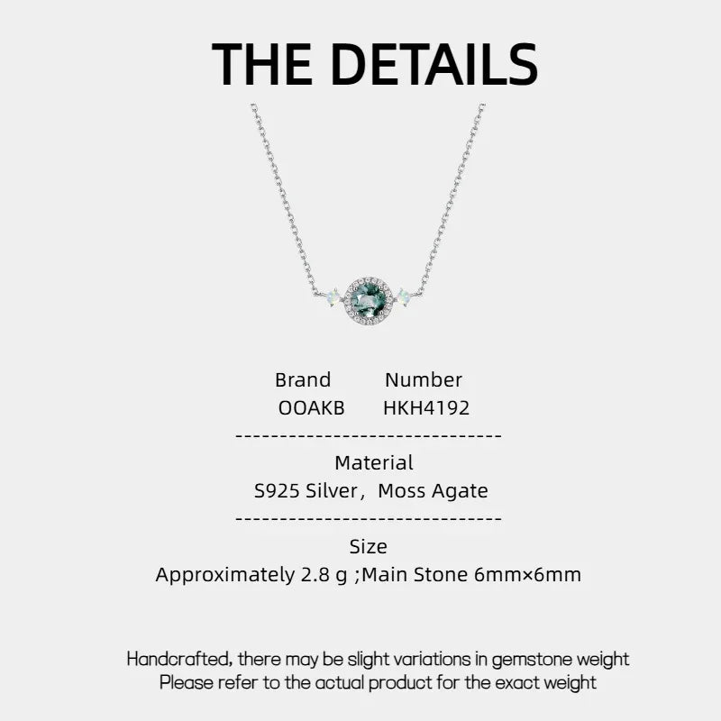 Classic Moss Agate Pendant Necklace — Moss Agate specification card with material and measurements