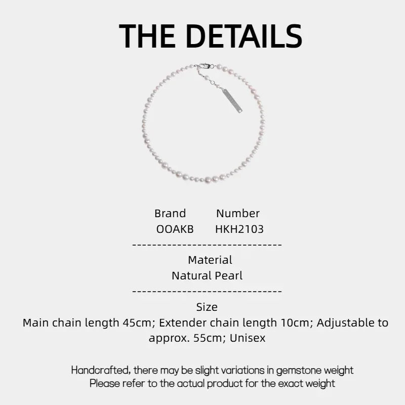 Adjustable Graduated Pearl Strand Necklace — specification card with material and size details