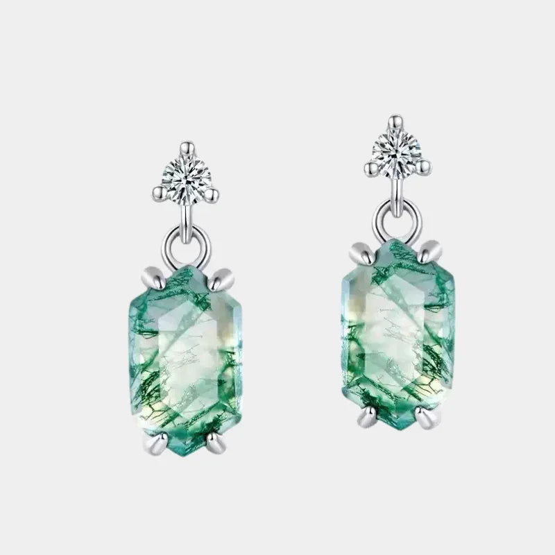 Claw Setting Moss Agate Earrings Unisex — front product view on a light background