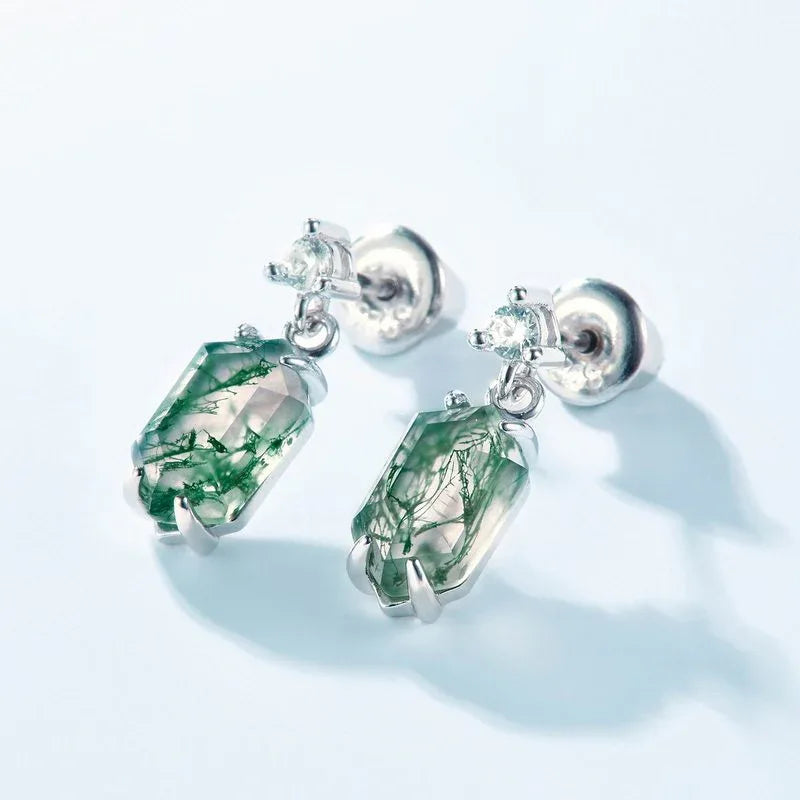 Claw Setting Moss Agate Earrings Unisex — front setting detail 3
