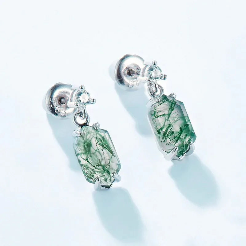 Claw Setting Moss Agate Earrings Unisex — hand-worn scale view 2