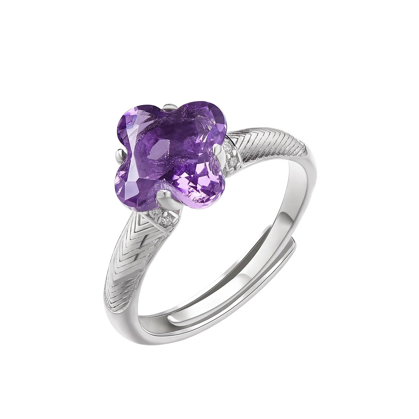 clover-cut amethyst ring angled product view on a white background