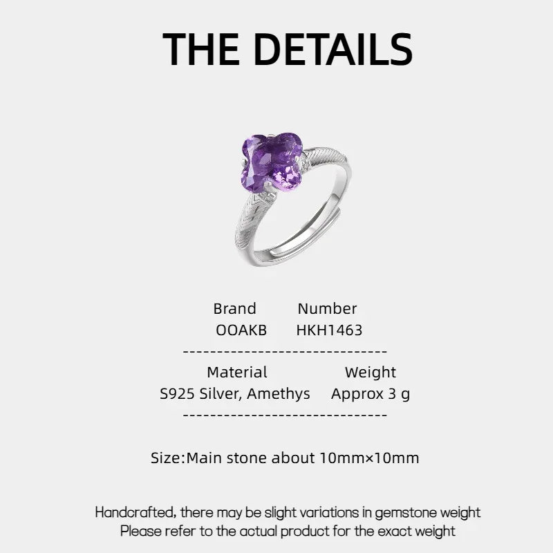 clover-cut amethyst ring specification card with product measurements