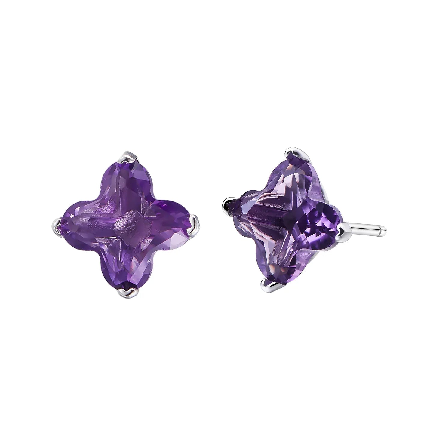 clover-cut amethyst stud earrings side portrait with the earrings