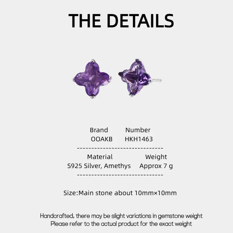 clover-cut amethyst stud earrings specification card with product measurements