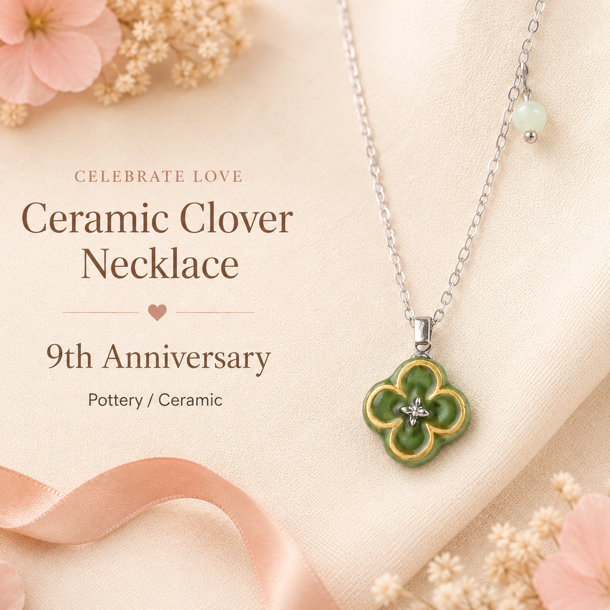 Ceramic Four-Leaf Clover Necklace – 9th Anniversary Gift for Her