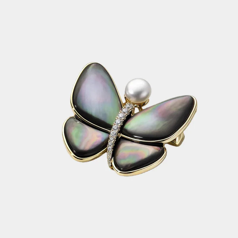 Iridescent Shell Butterfly Brooch with Shell Pearl — front view of iridescent shell butterfly brooch