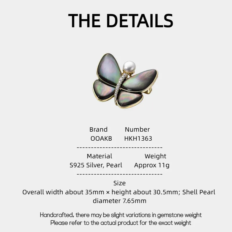 Iridescent Shell Butterfly Brooch with Shell Pearl — specification card with material and size details