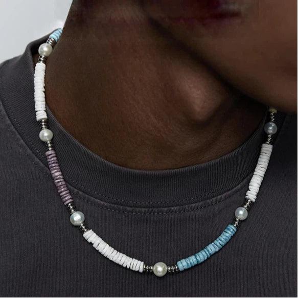 Colorful Shell Pearl Beaded Necklace — alternate neckline-worn view showing the color blocks