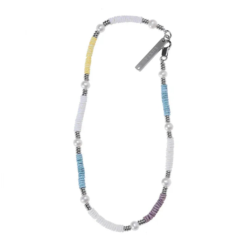 Colorful Shell Pearl Beaded Necklace — vertical product view emphasizing the segmented color pattern