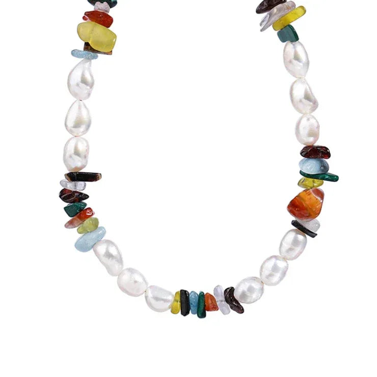 Colorful Stone Bead and Baroque Pearl Necklace — alternate isolated full necklace view