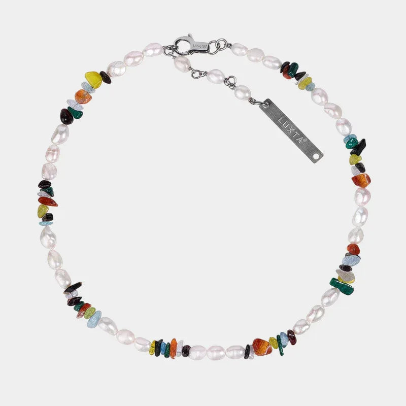 Colorful Stone Bead and Baroque Pearl Necklace — front view of necklace with irregular pale pearls and small multicolor