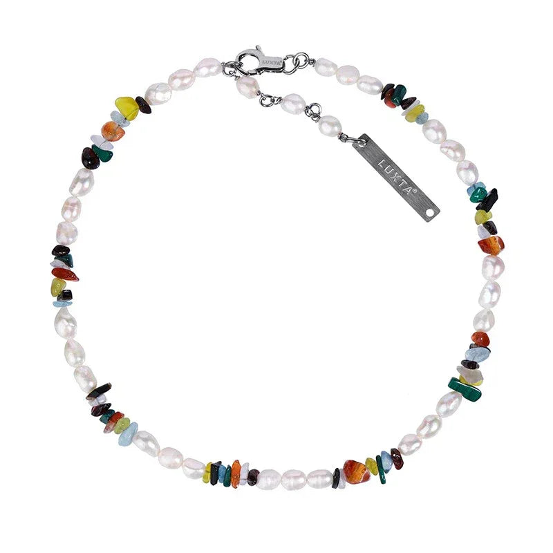 Colorful Stone Bead and Baroque Pearl Necklace — close view of the silver-tone clasp and extension chain