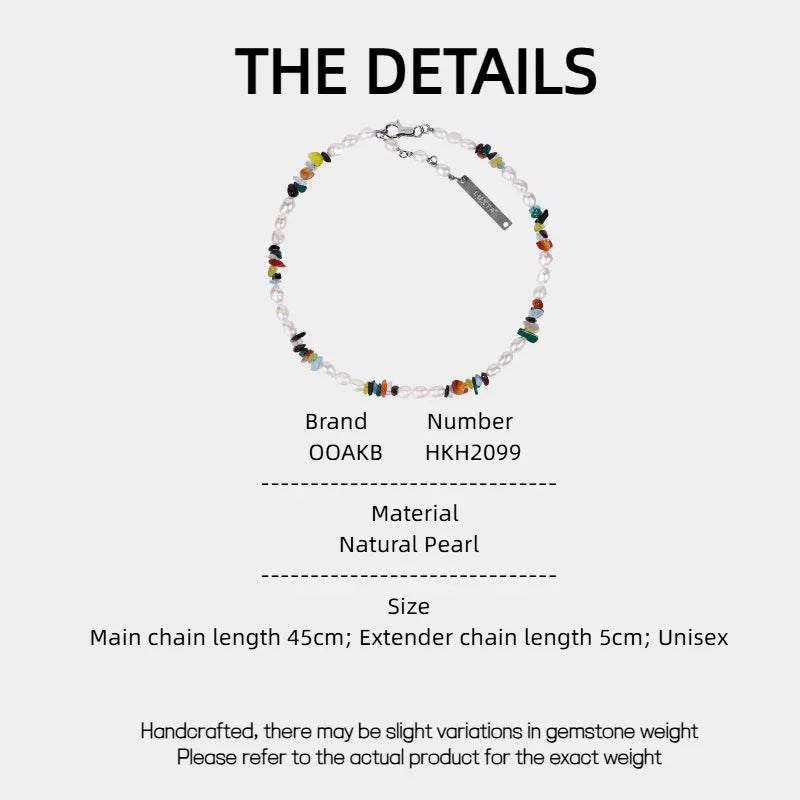 Colorful Stone Bead and Baroque Pearl Necklace — specification card with material and size details
