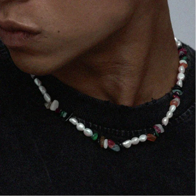 Colorful Stone Bead and Baroque Pearl Necklace — front neckline-worn view over a dark top