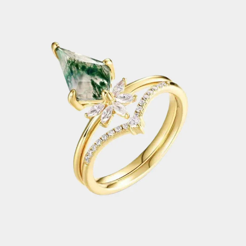 Crown Kite-Shaped Moss Agate Ring — front product view on a light background