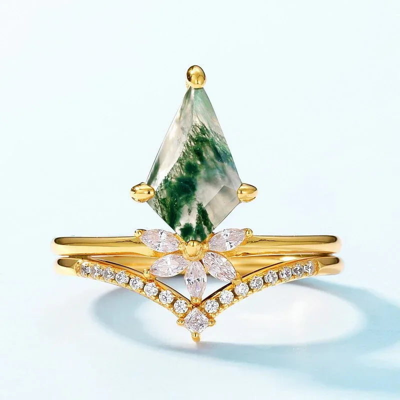 Crown Kite-Shaped Moss Agate Ring — hand-worn scale view 2