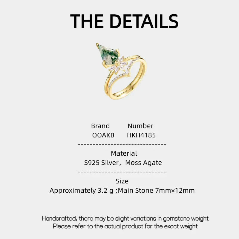 Crown Kite-Shaped Moss Agate Ring — Moss Agate specification card with material and measurements