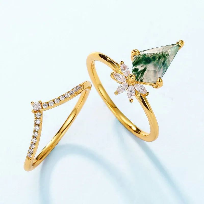 Crown Kite-Shaped Moss Agate Ring — side profile and band detail 4