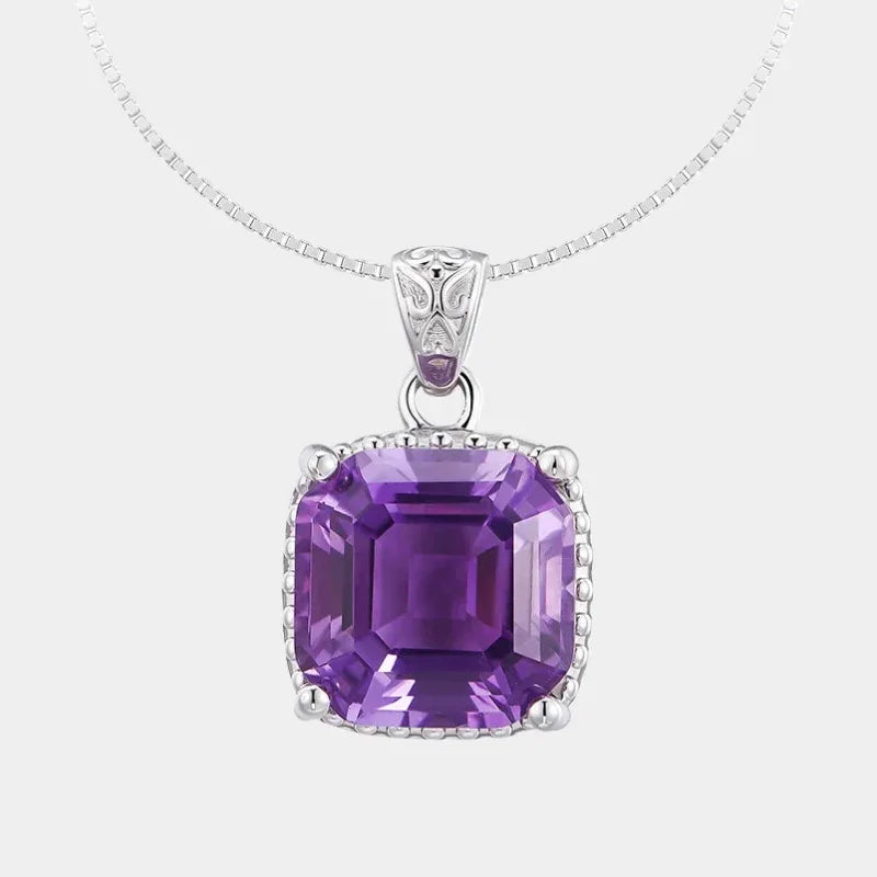 cushion-cut amethyst pendant necklace front product view on a white background