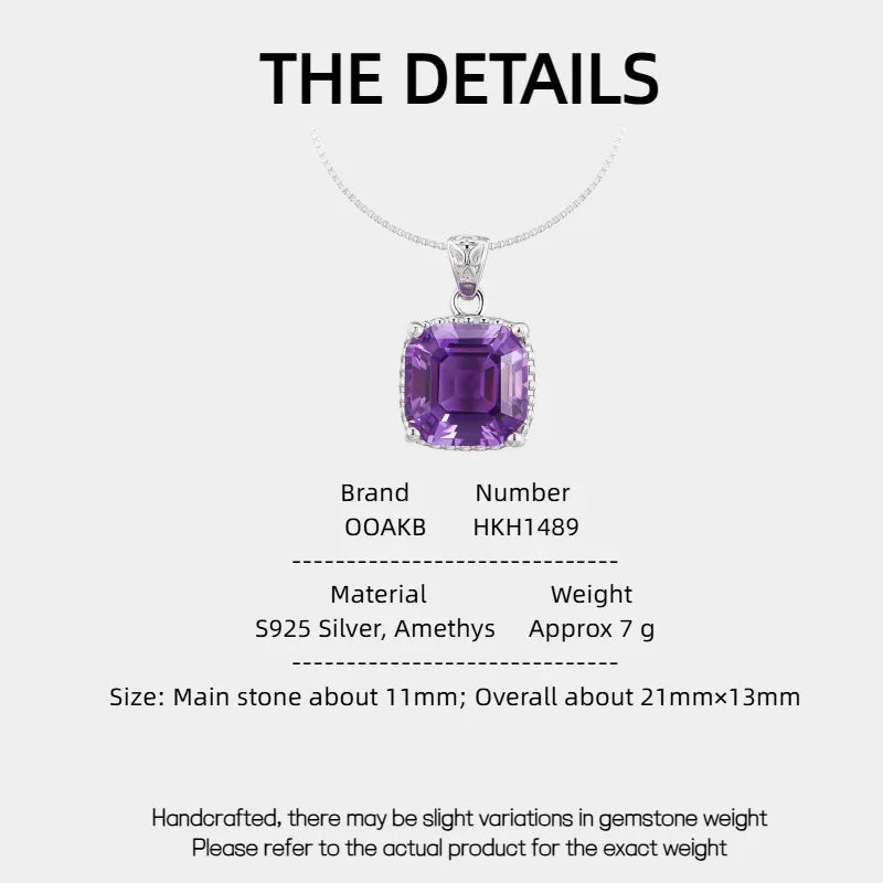 cushion-cut amethyst pendant necklace specification card with product measurements