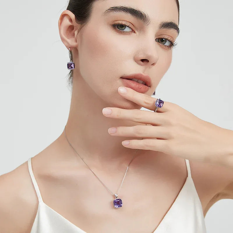 cushion-cut amethyst pendant necklace styled model view showing pendant scale