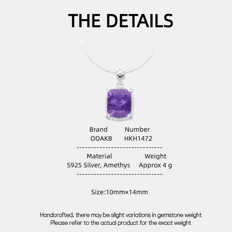 cushion-cut amethyst pendant necklace specification card with product measurements