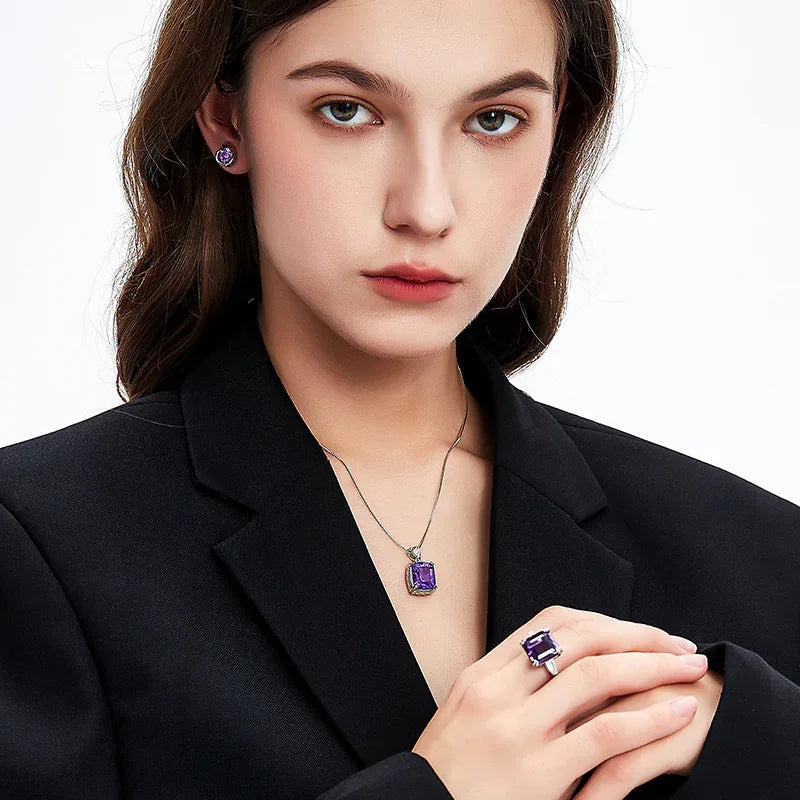 cushion-cut amethyst pendant necklace styled model view showing pendant scale