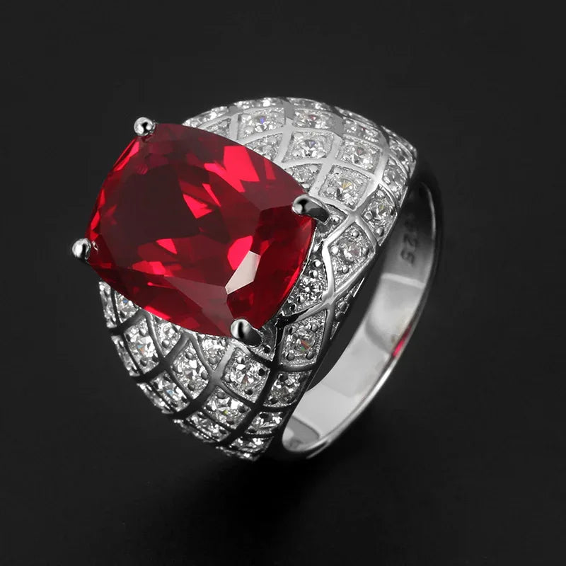 Cushion-Cut Ruby Pavé-Style Men's Ring — angled ring view