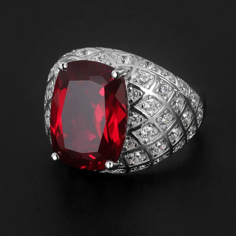 Cushion-Cut Ruby Pavé-Style Men's Ring — ring worn on hand
