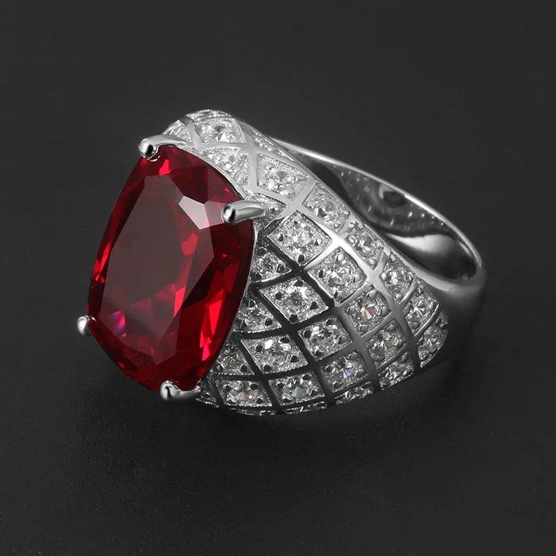 Cushion-Cut Ruby Pavé-Style Men's Ring — side profile of ring
