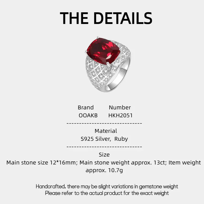 Cushion-Cut Ruby Pavé-Style Men's Ring — specification card with material and size details