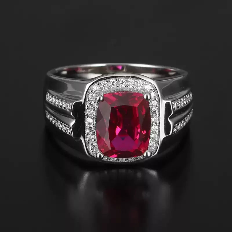 Cushion-Cut Ruby Textured Men's Ring — angled ring view